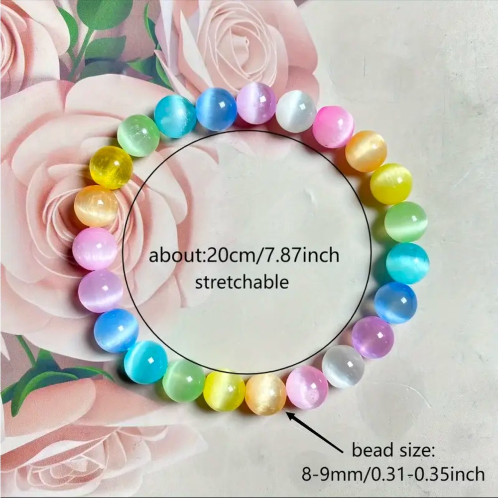 🌈 Natural Gemstone Rainbow Aura Selenite 8mm Bead Stretch Bracelet, Large 7.87”